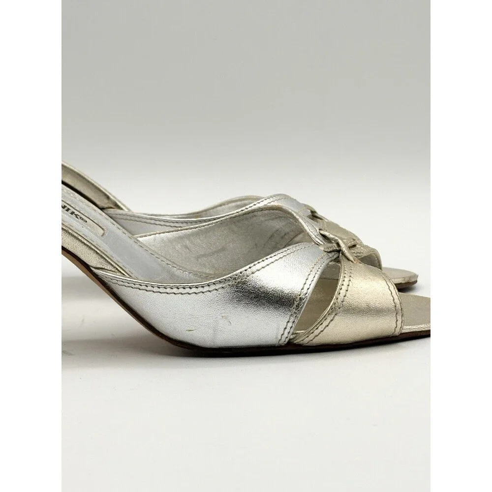 Manolo Blahnik Silver & Gold Metallic Kitten Heel Mules Vintage Size EU 35.5